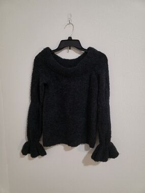 Something Navy Black Fuzzy Cowl Neck Sweater with Ruffle Cuffs